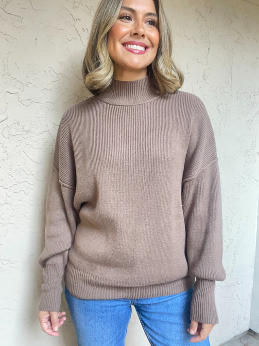 Mock Neck Ribbed Sweater - Mocha