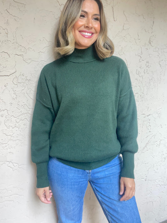 Mock Neck Ribbed Sweater - Hunter Green