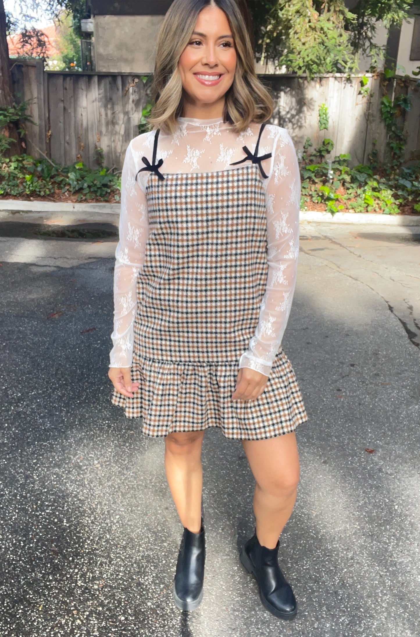 Ribbon Strap Ruffle Plaid Dress