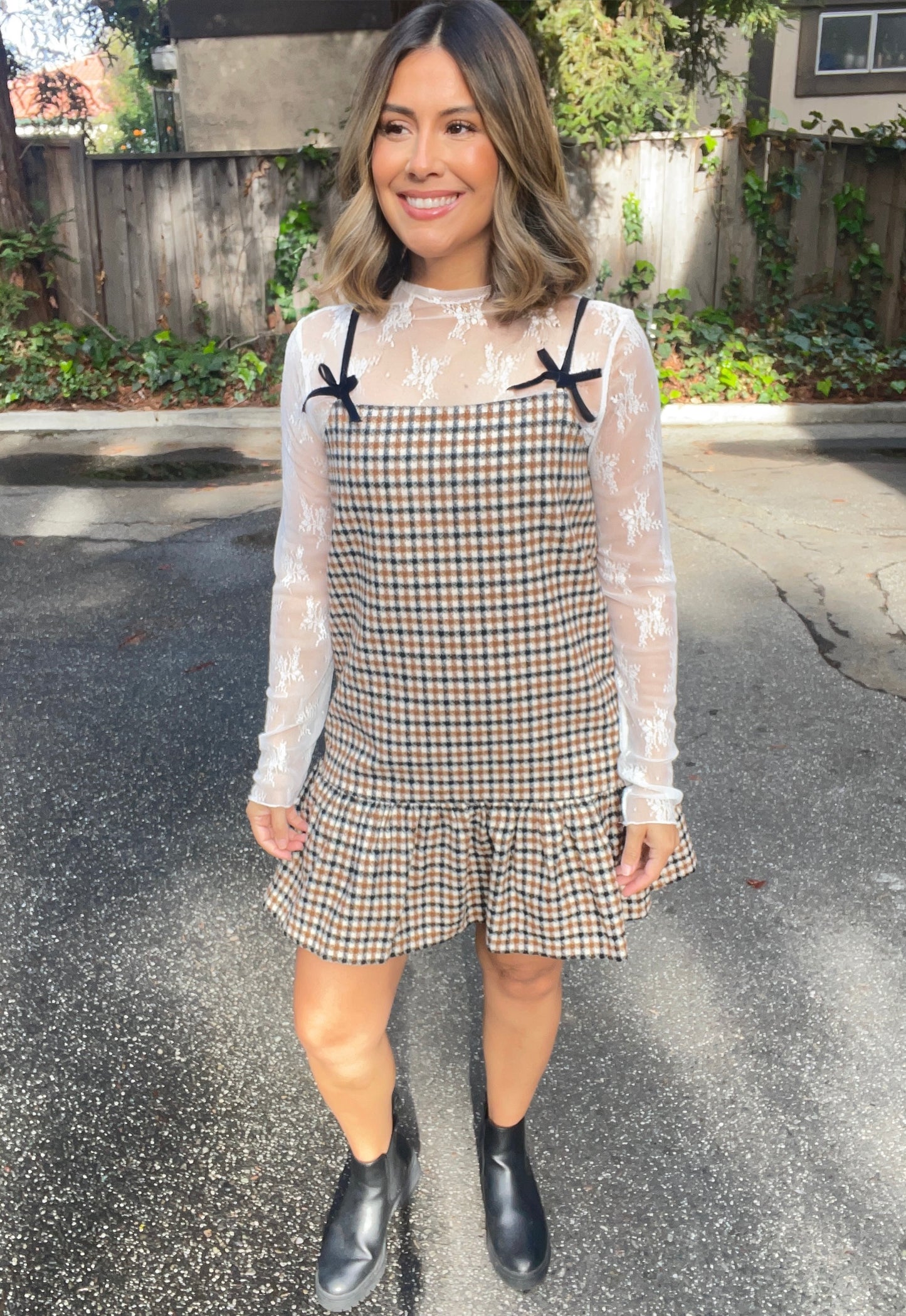 Ribbon Strap Ruffle Plaid Dress