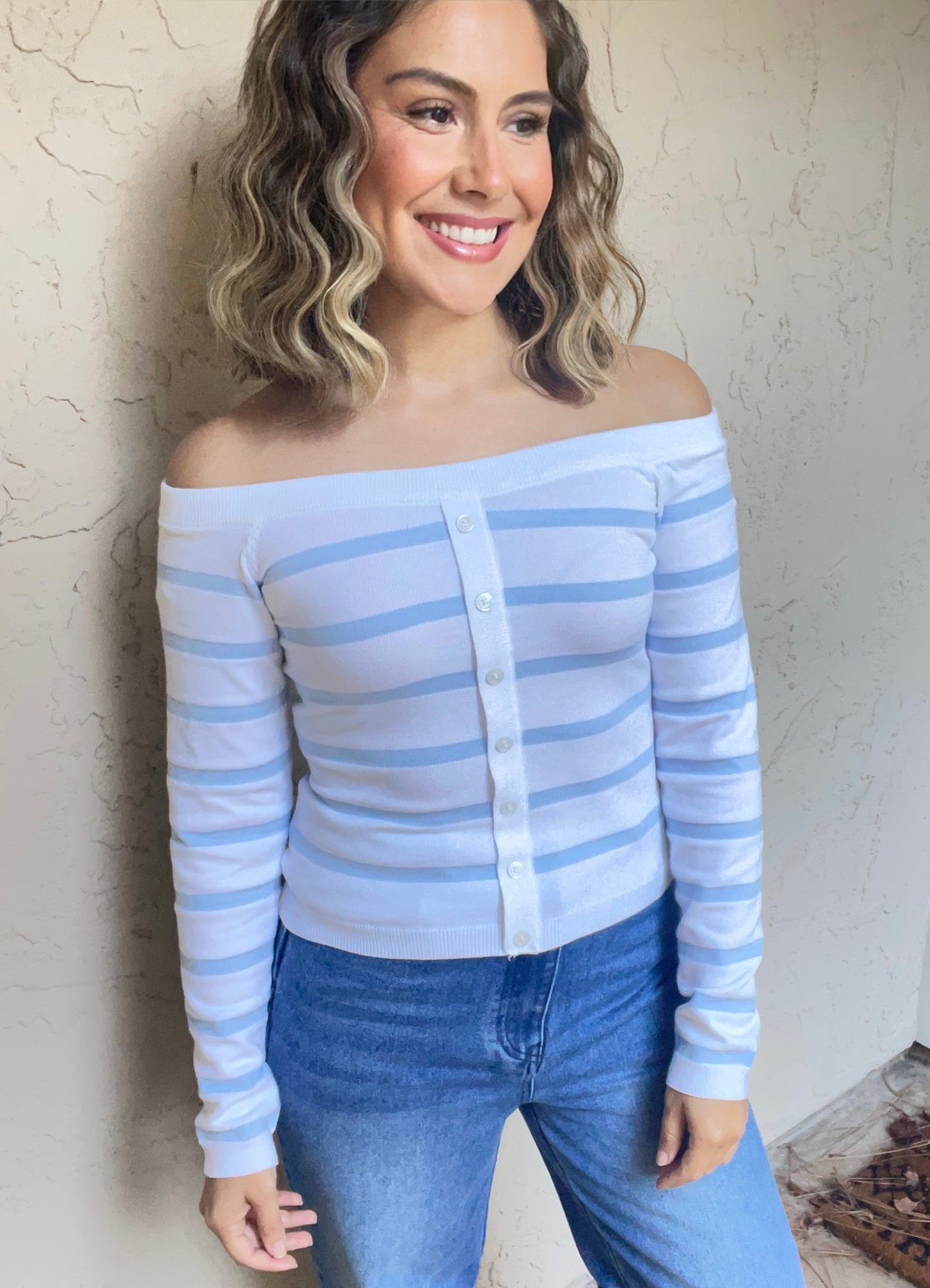 Off Shoulder L/S Striped Sweater
