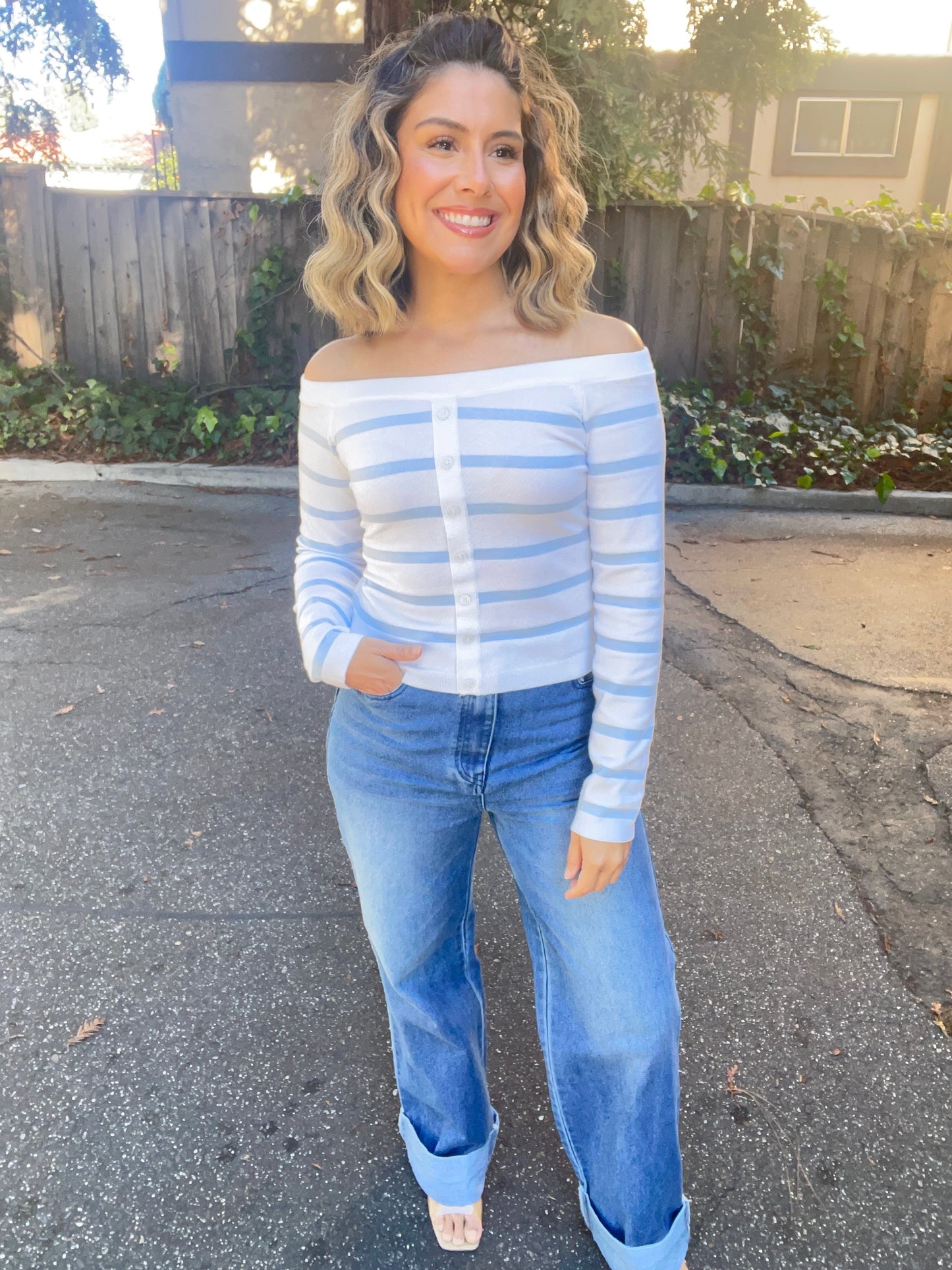 Off Shoulder L/S Striped Sweater