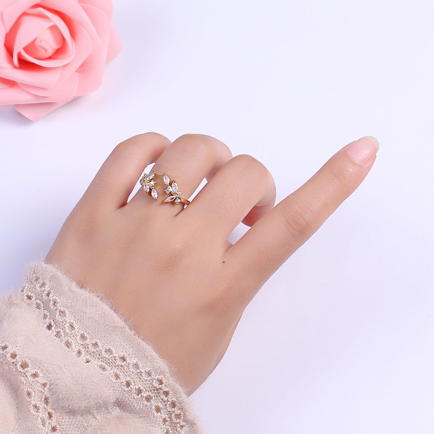 (Out of Stock) Leaf Green Gold Clear Style Ring with Cubic Zirconia Nature Ring Dainty Clear Cz Adjustable Ring