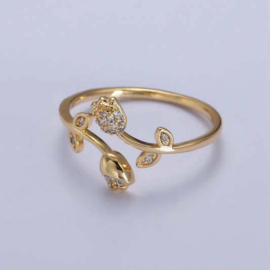 Minimalist Micro Pave Thin Gold Rose Adjustable Ring