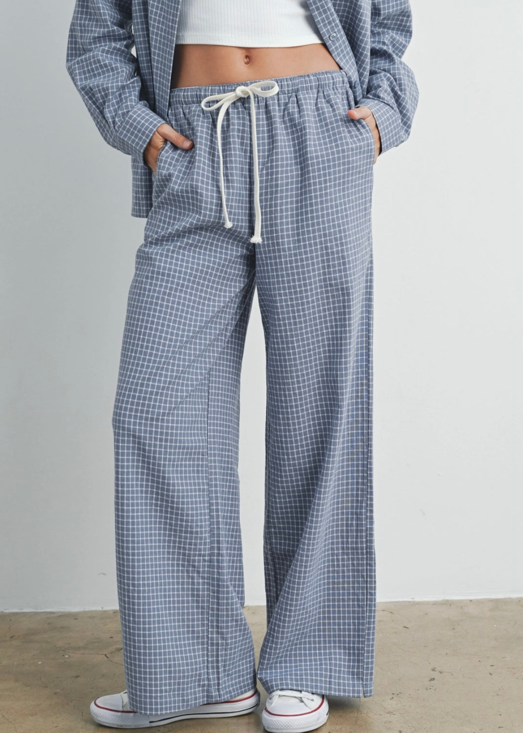 High Waisted Drawstring Check Pants