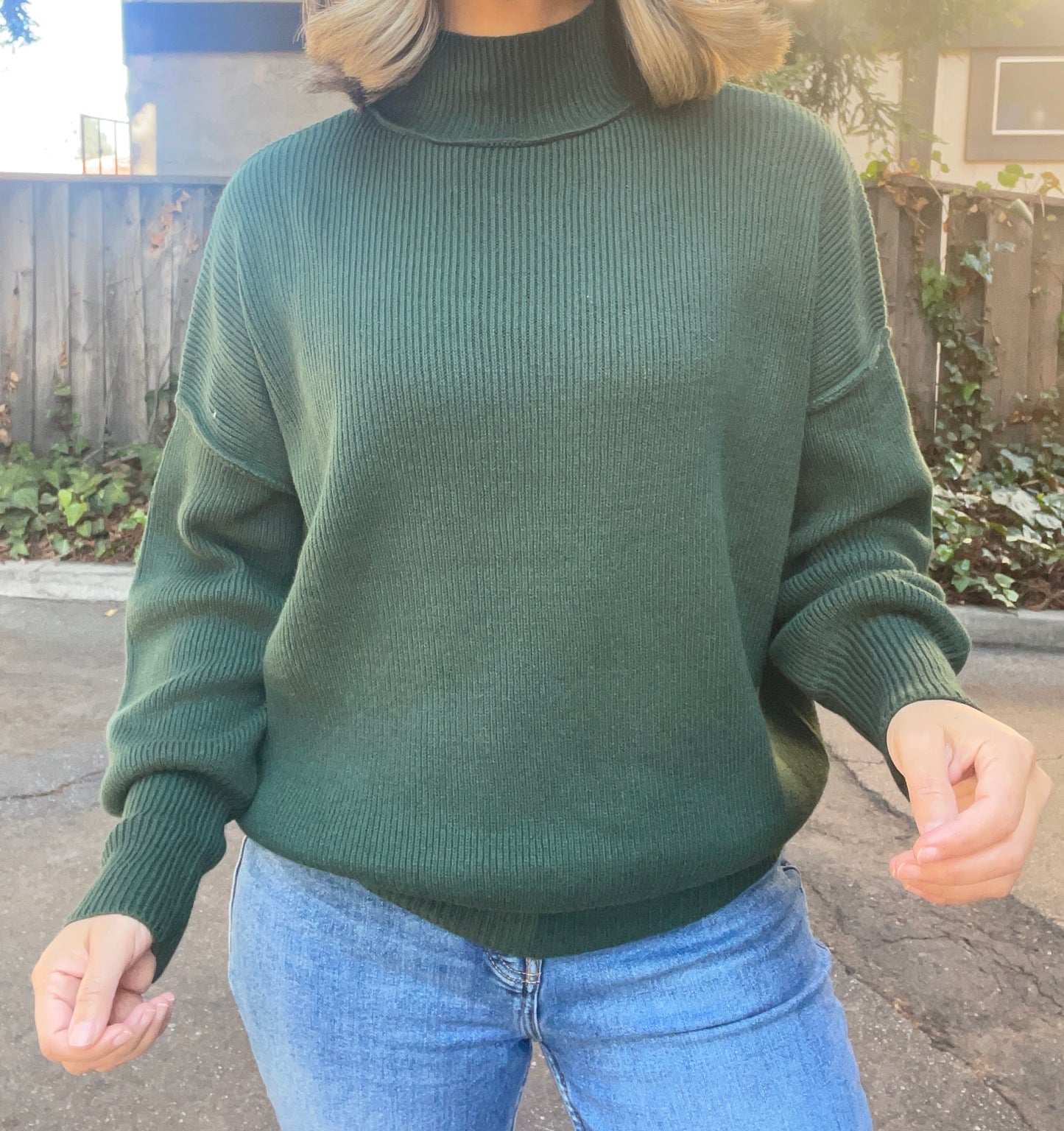 Mock Neck Ribbed Sweater - Hunter Green