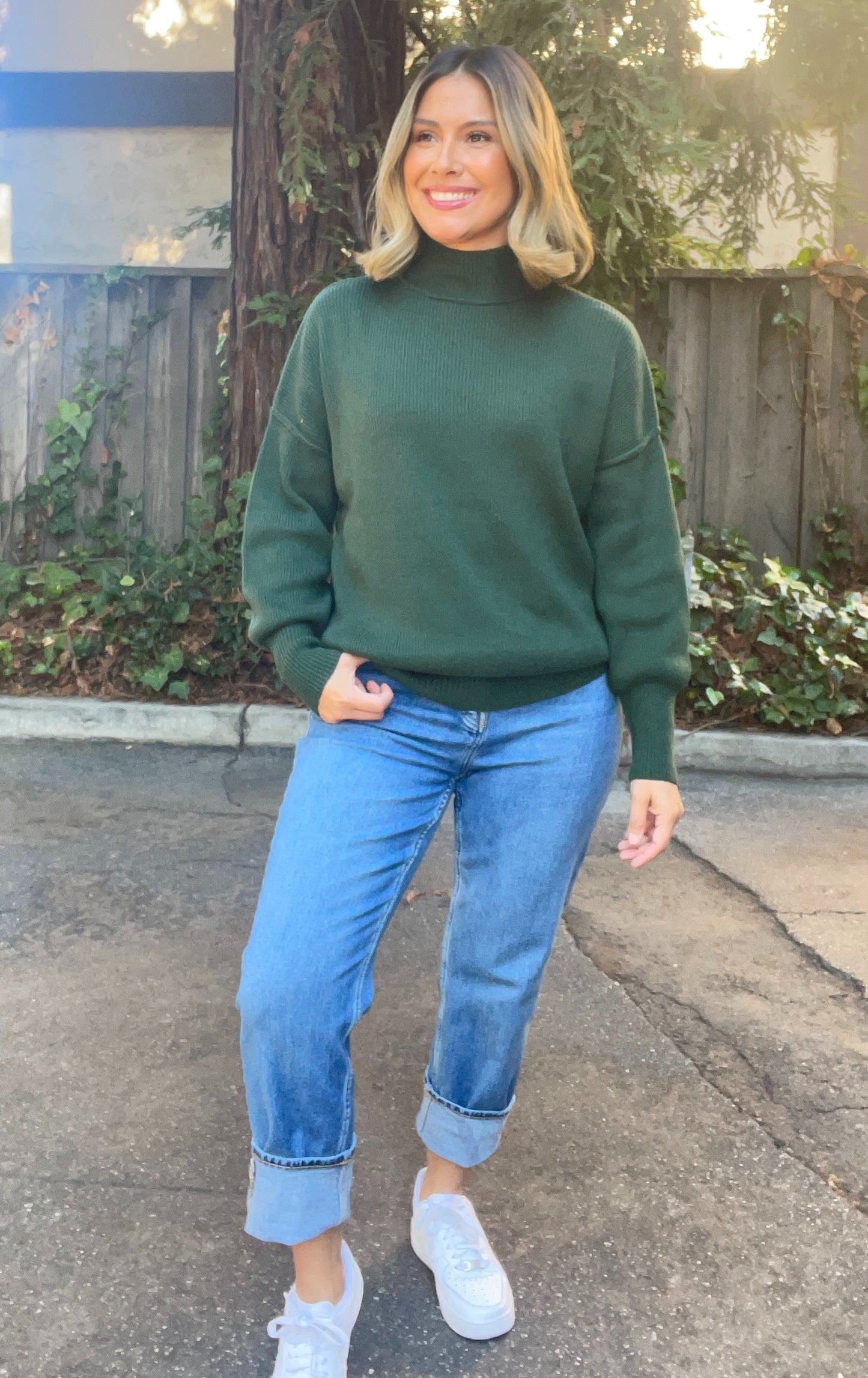 Mock Neck Ribbed Sweater - Hunter Green
