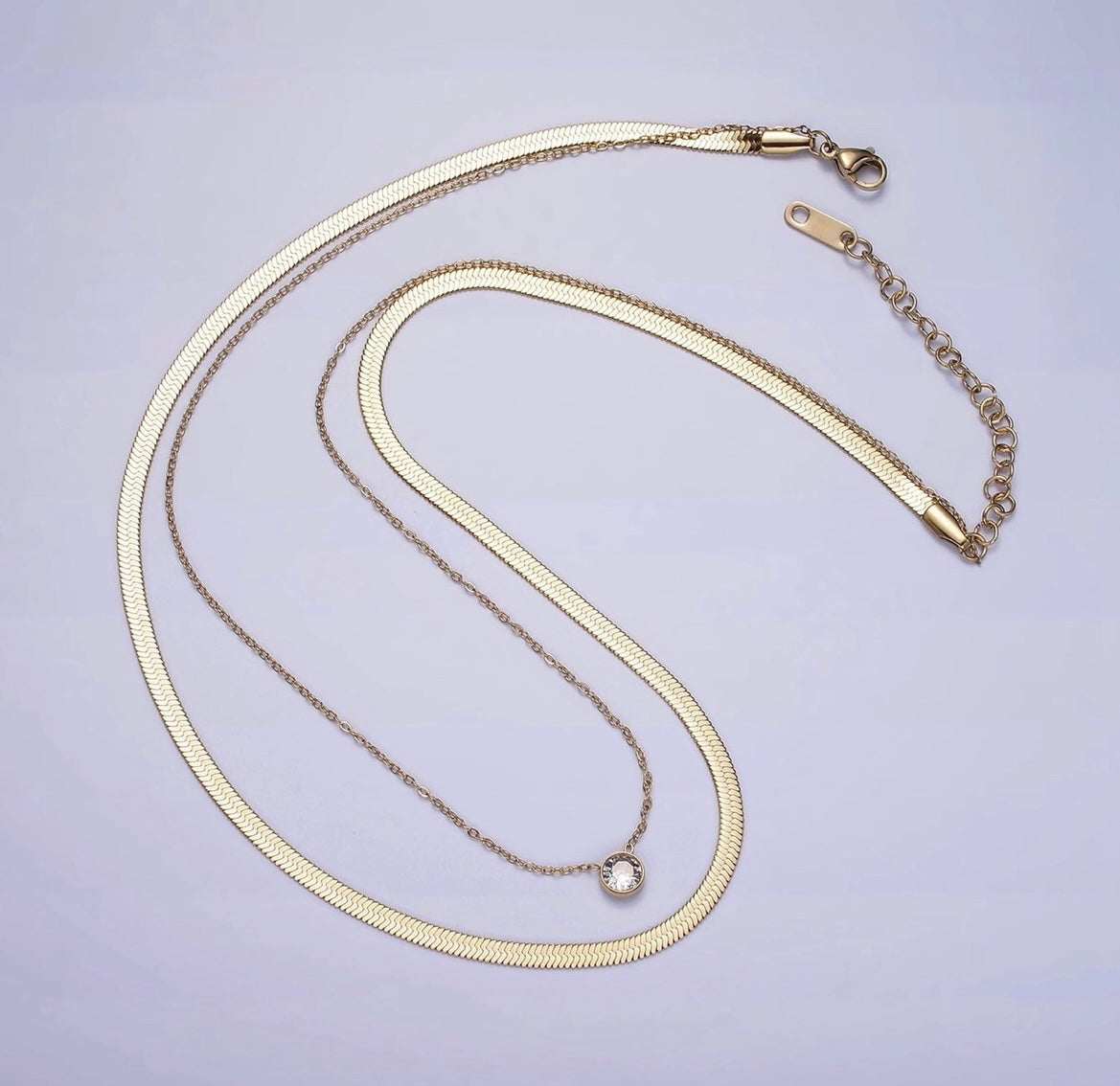 Stainless Steel CZ 3mm Herringbone 1mm Double Layer Necklace