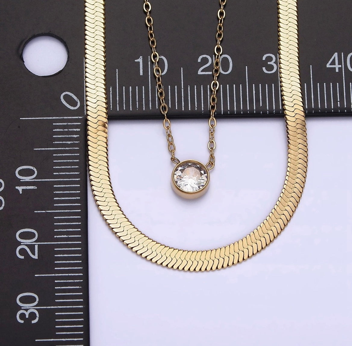 Stainless Steel CZ 3mm Herringbone 1mm Double Layer Necklace