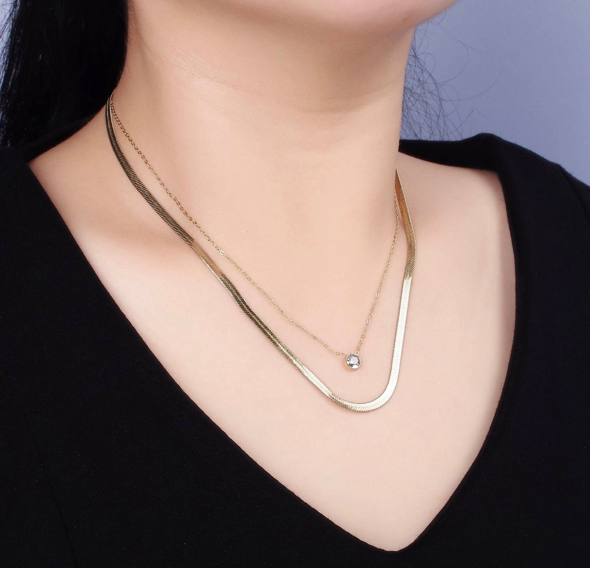 Stainless Steel CZ 3mm Herringbone 1mm Double Layer Necklace