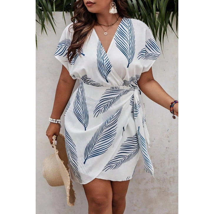 Plus Size Leaves Print Cross Knot  Dress