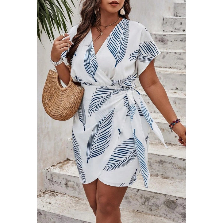 Plus Size Leaves Print Cross Knot  Dress