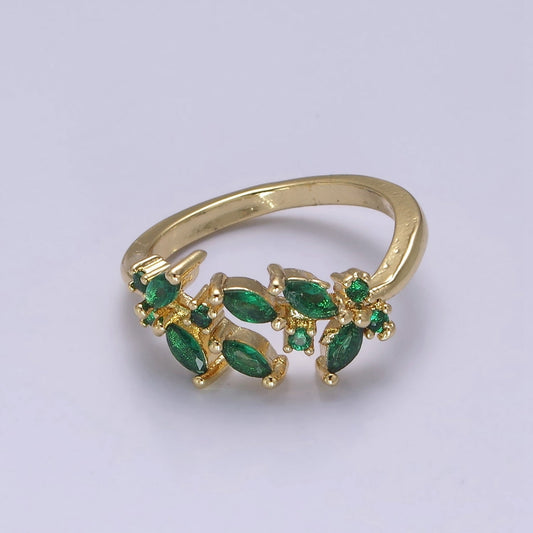 Leaf Green Gold Emerald Style Ring w/ Cubic Zirconia Nature Ring Dainty Green Cz Adjustable Ring