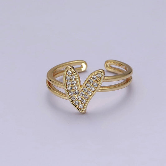 Dainty Double Band Heart Ring with Clear Cz Stone Gold Filled Open Adjustable