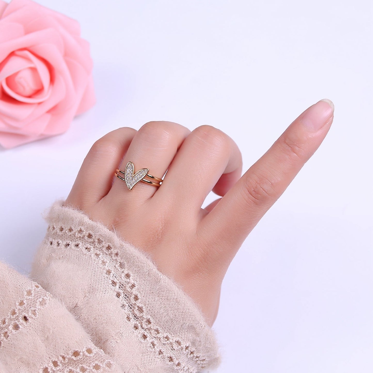 Dainty Double Band Heart Ring with Clear Cz Stone Gold Filled Open Adjustable