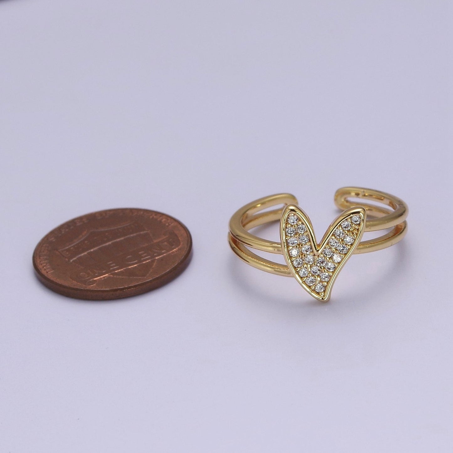 Dainty Double Band Heart Ring with Clear Cz Stone Gold Filled Open Adjustable