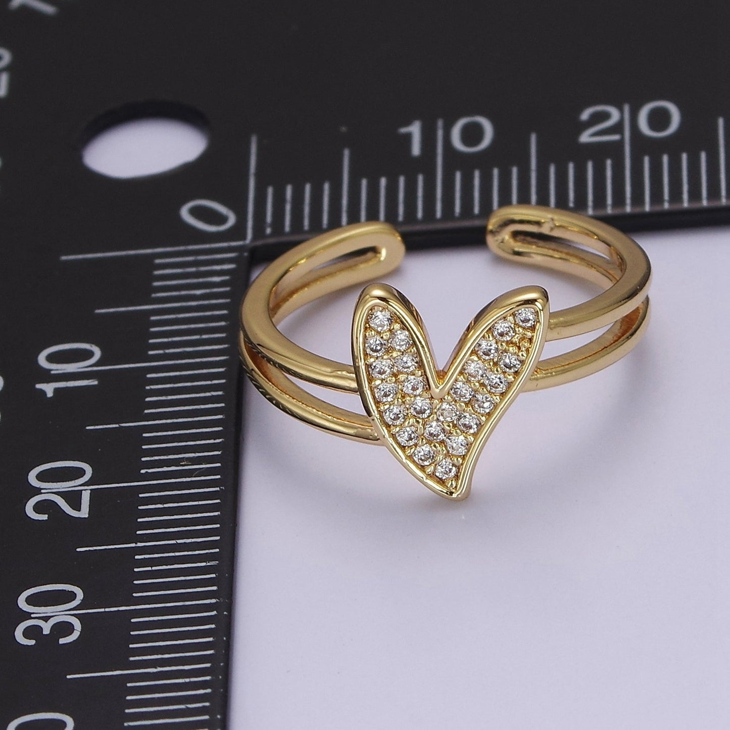 Dainty Double Band Heart Ring with Clear Cz Stone Gold Filled Open Adjustable