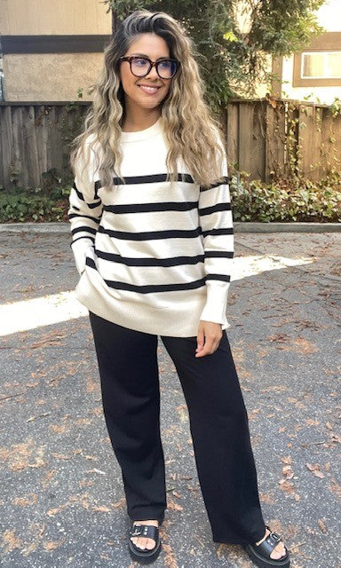 Stripe Oversized Crew Side Split Sweater