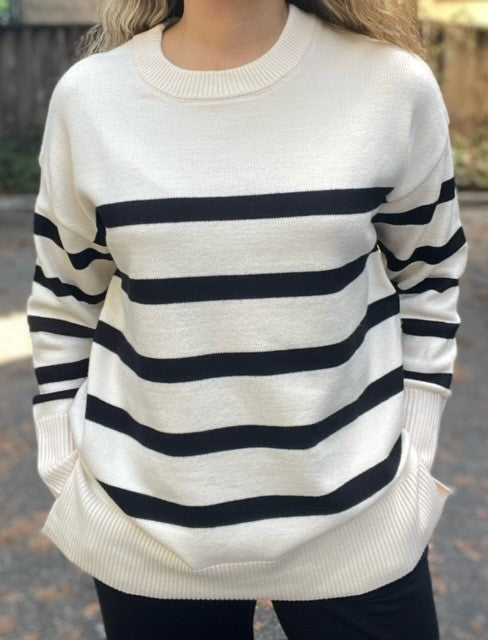 Stripe Oversized Crew Side Split Sweater