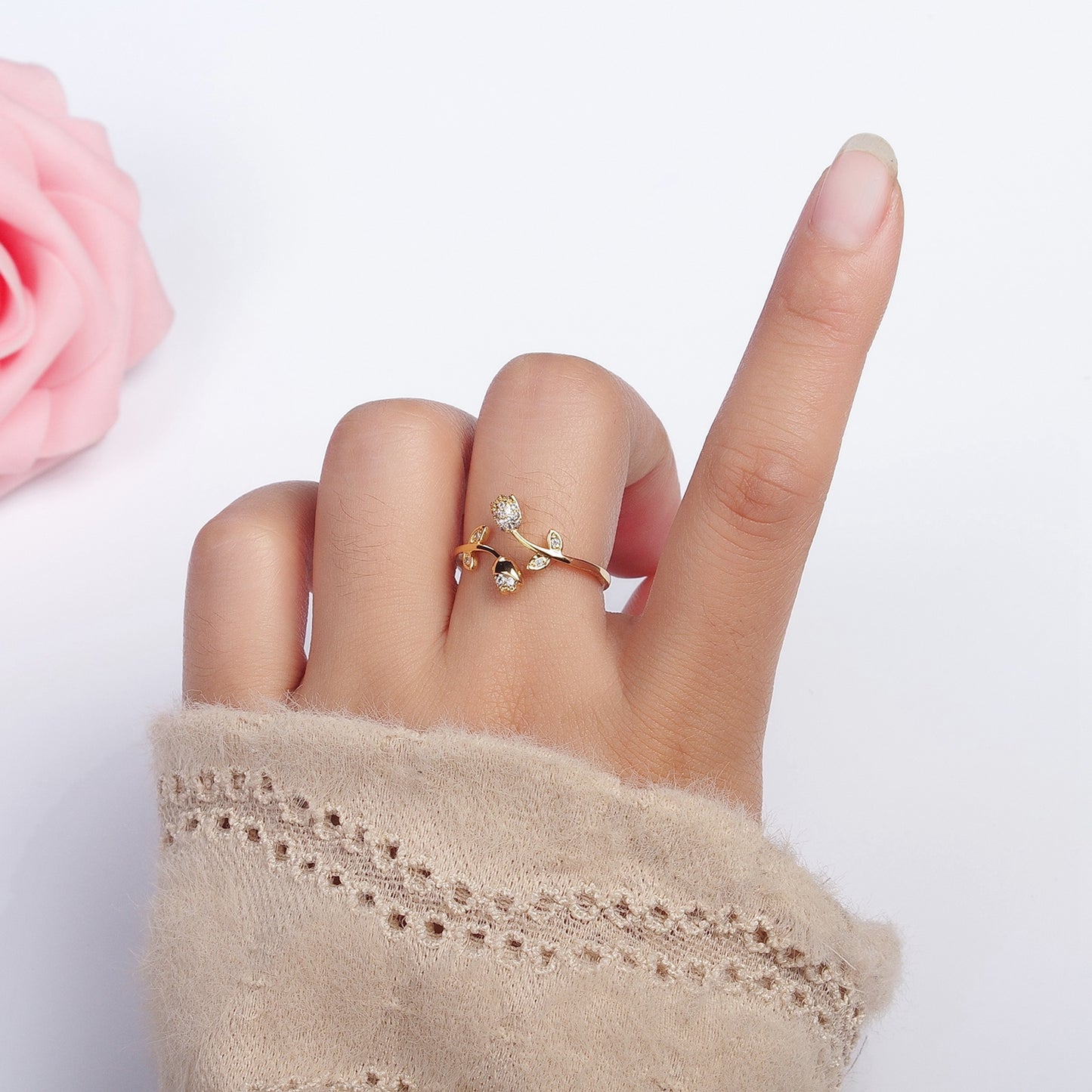 Minimalist Micro Pave Thin Gold Rose Adjustable Ring