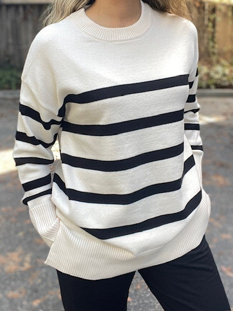 Stripe Oversized Crew Side Split Sweater