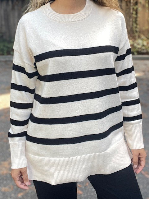 Stripe Oversized Crew Side Split Sweater