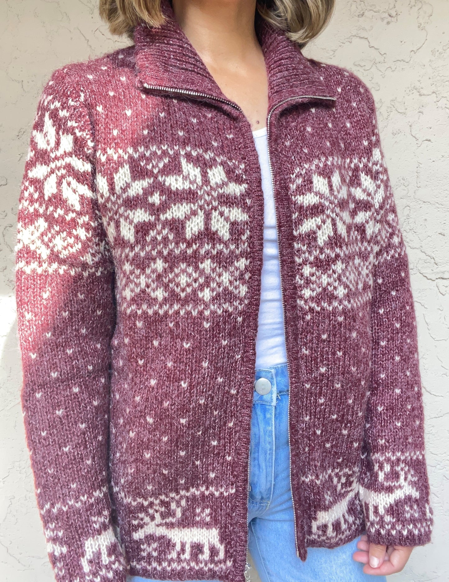 Nordic Print Knit Zip-Up Sweater Cardigan