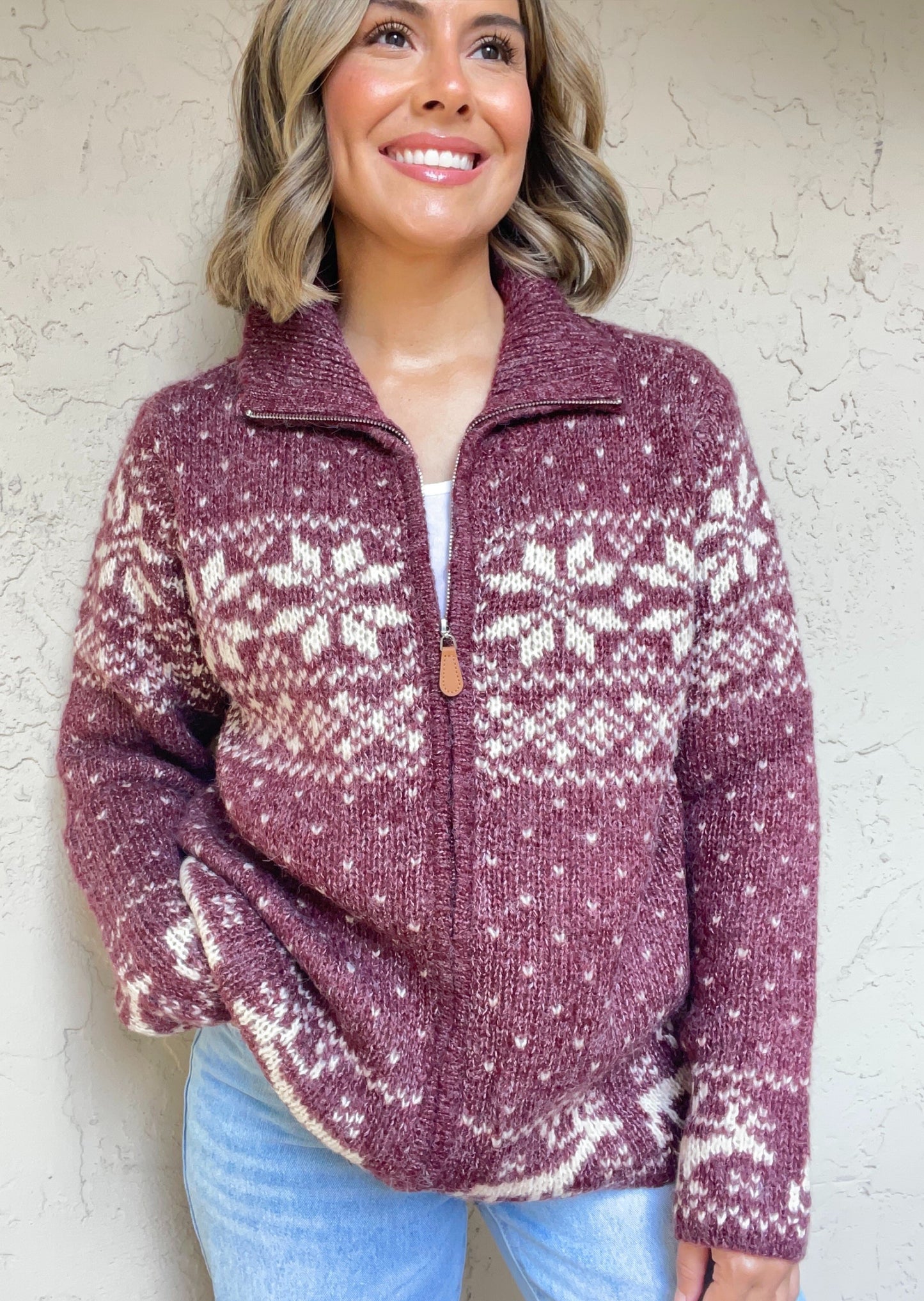 Nordic Print Knit Zip-Up Sweater Cardigan