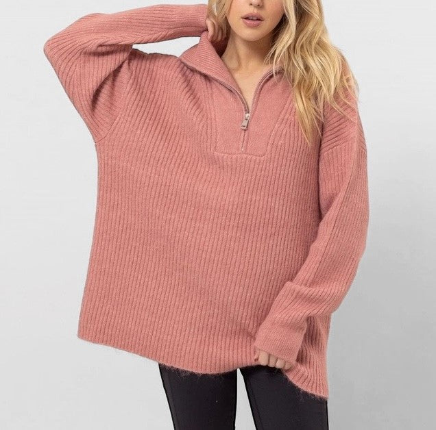 Dusty Rose Half-Zip Sweater