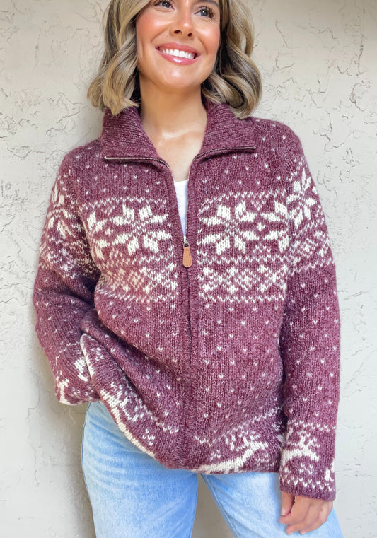 Nordic Print Knit Zip-Up Sweater Cardigan