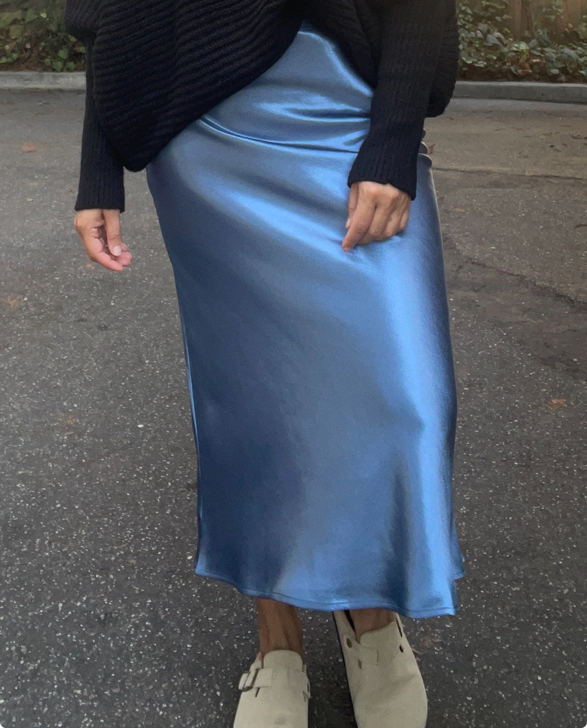 High Waisted Satin Midi Skirt