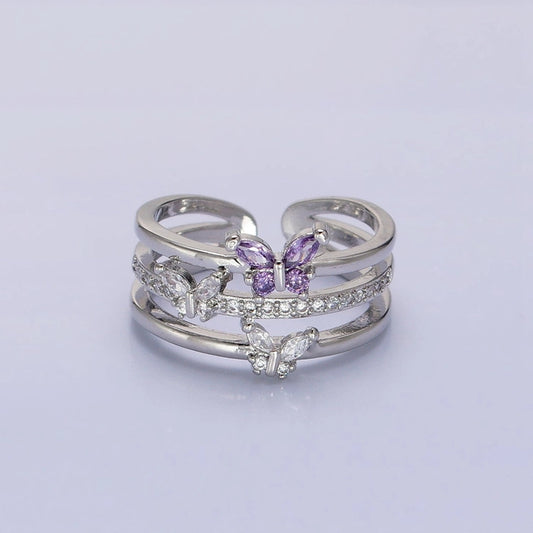 Gold Filled Purple Cz Butterfly Mariposa Triple Band Ring