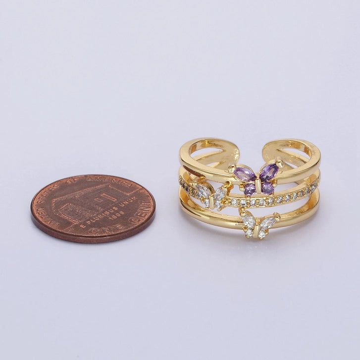 Gold Filled Purple Cz Butterfly Mariposa Triple Band Ring