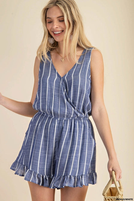 Stripe Fabric Sleeveless Ruffle Romper