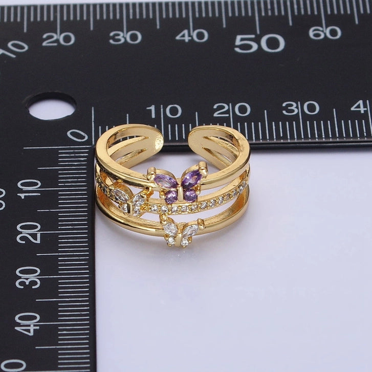 Gold Filled Purple Cz Butterfly Mariposa Triple Band Ring