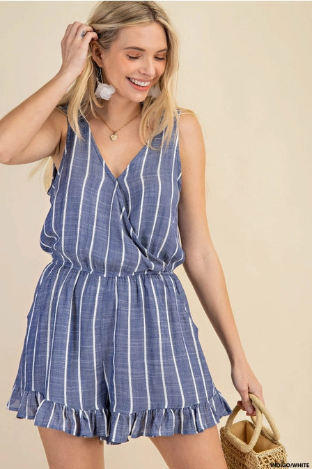 Stripe Fabric Sleeveless Ruffle Romper