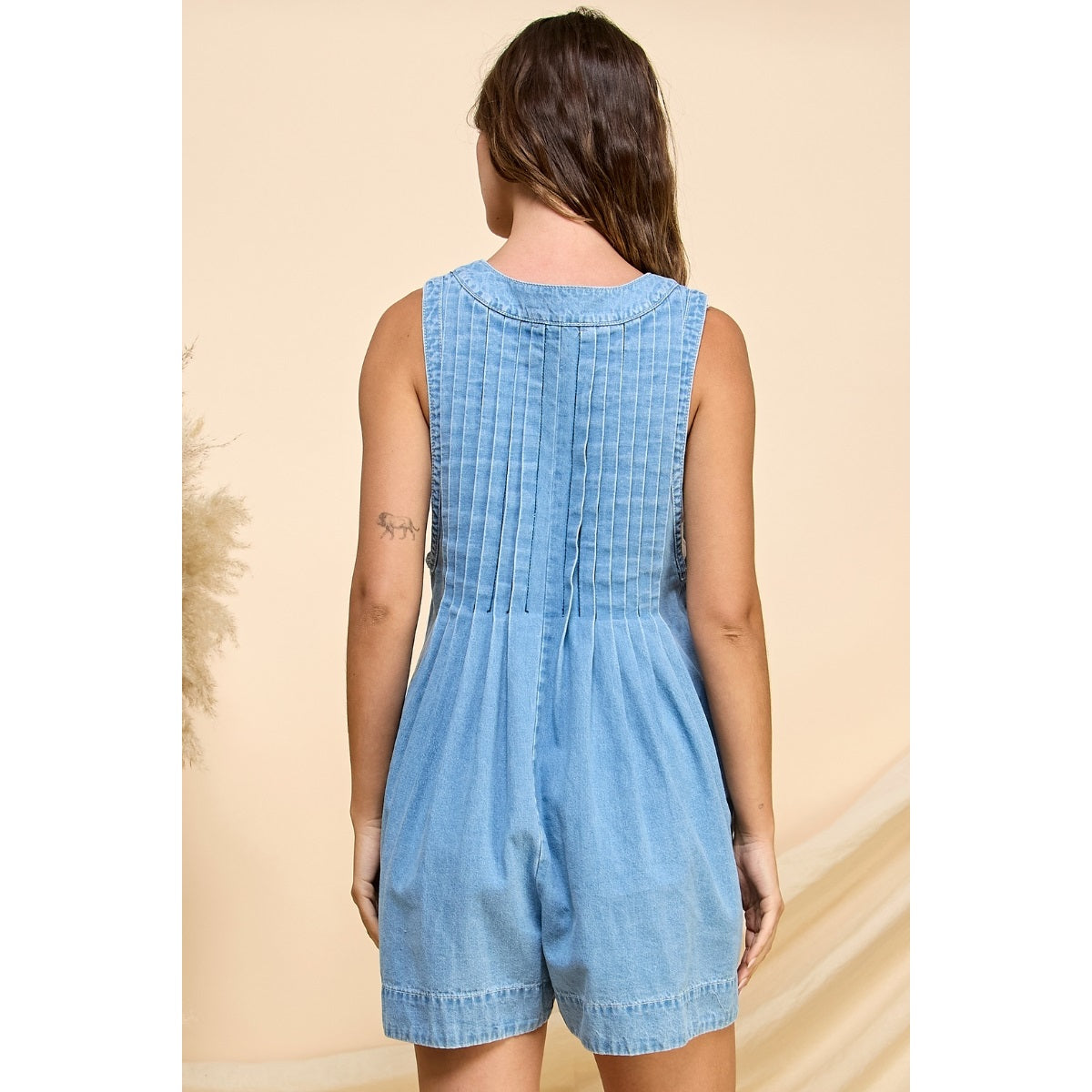 Front Pleated V-Neck Denim Romper