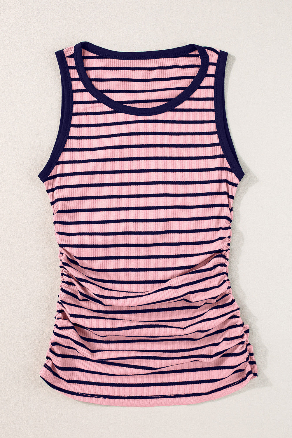 Blue Stripe Contrast Trim Round Neck Sleeveless Slim Top