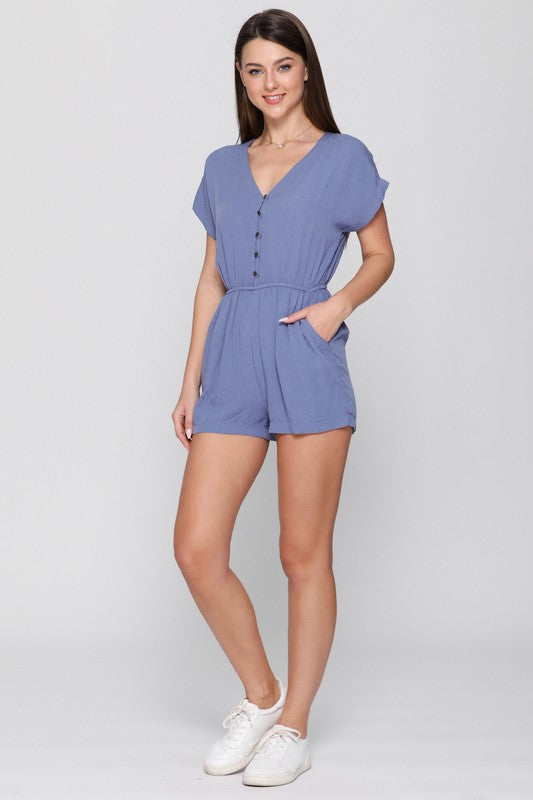 Button Down Elastic Waist Romper