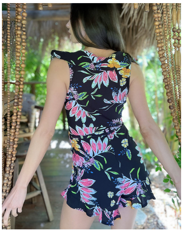 Women's Black Floral Ruffle V-Neck Romper